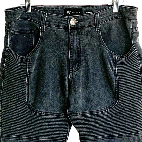 Waimea Moto Biker Ribbed Skinny Fit Jeans Mid Rise 34 Edgy Denim Black Wash Alt - Picture 2 of 9
